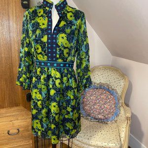 Anna Sui silk dress in blue and green floral with gold thread size 6